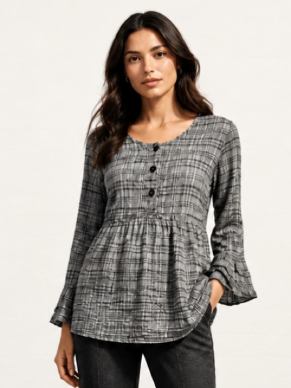 FLAX Blouse Top 100% Linen Peasant Plaid Boho Gray Black Baby Doll Lightweight